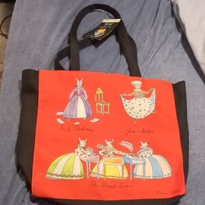 Red and Black Tote Bag with Cat Illustrations